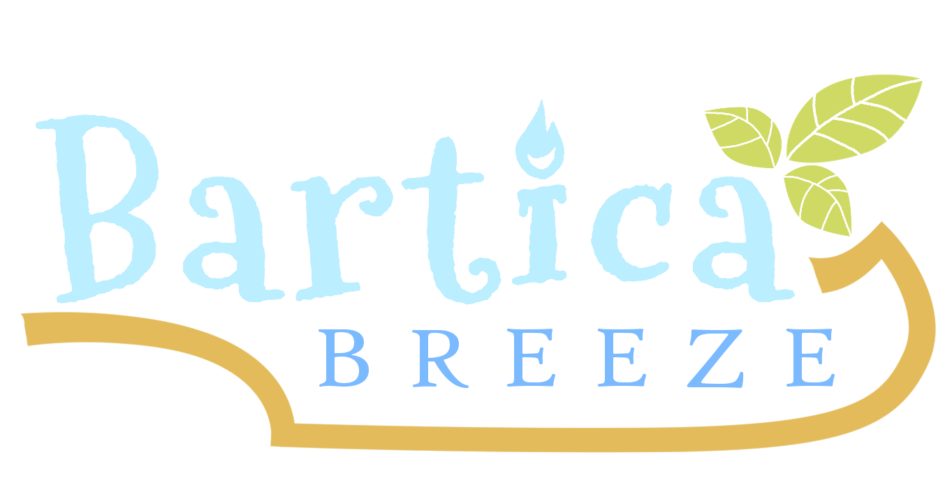 Text in sky blue "Bartica", with the "i" having a flame for a graphic. Text in uppercase letters in cerulean blue "BREEZE"